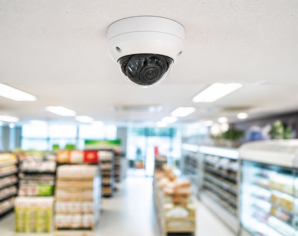 Dome CCTV camera mounted on a retail store ceiling