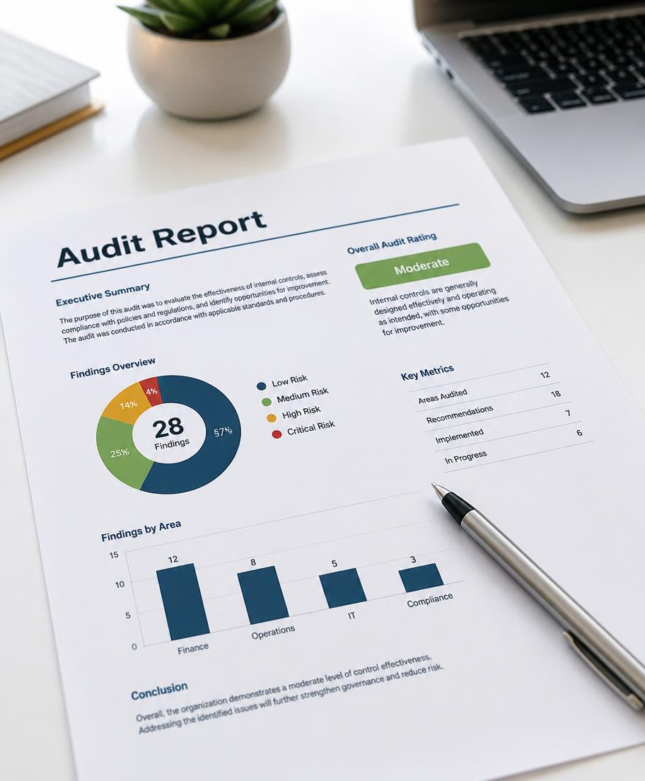 Printed audit report with findings and charts on a desk