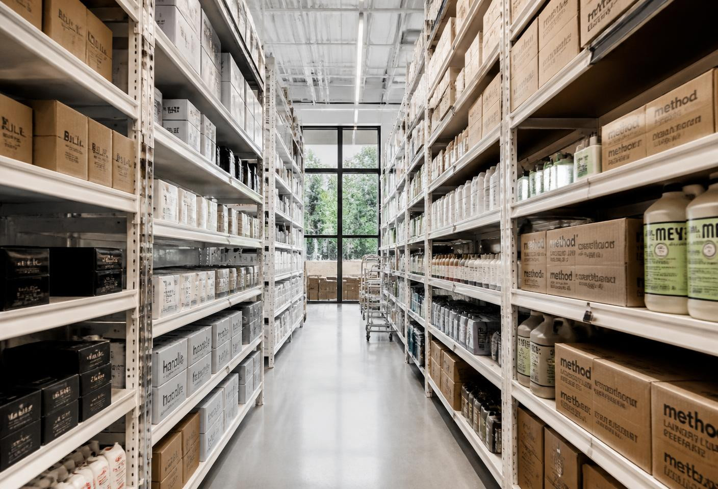 Tall shelves of neatly arranged inventory in a bright stockroom