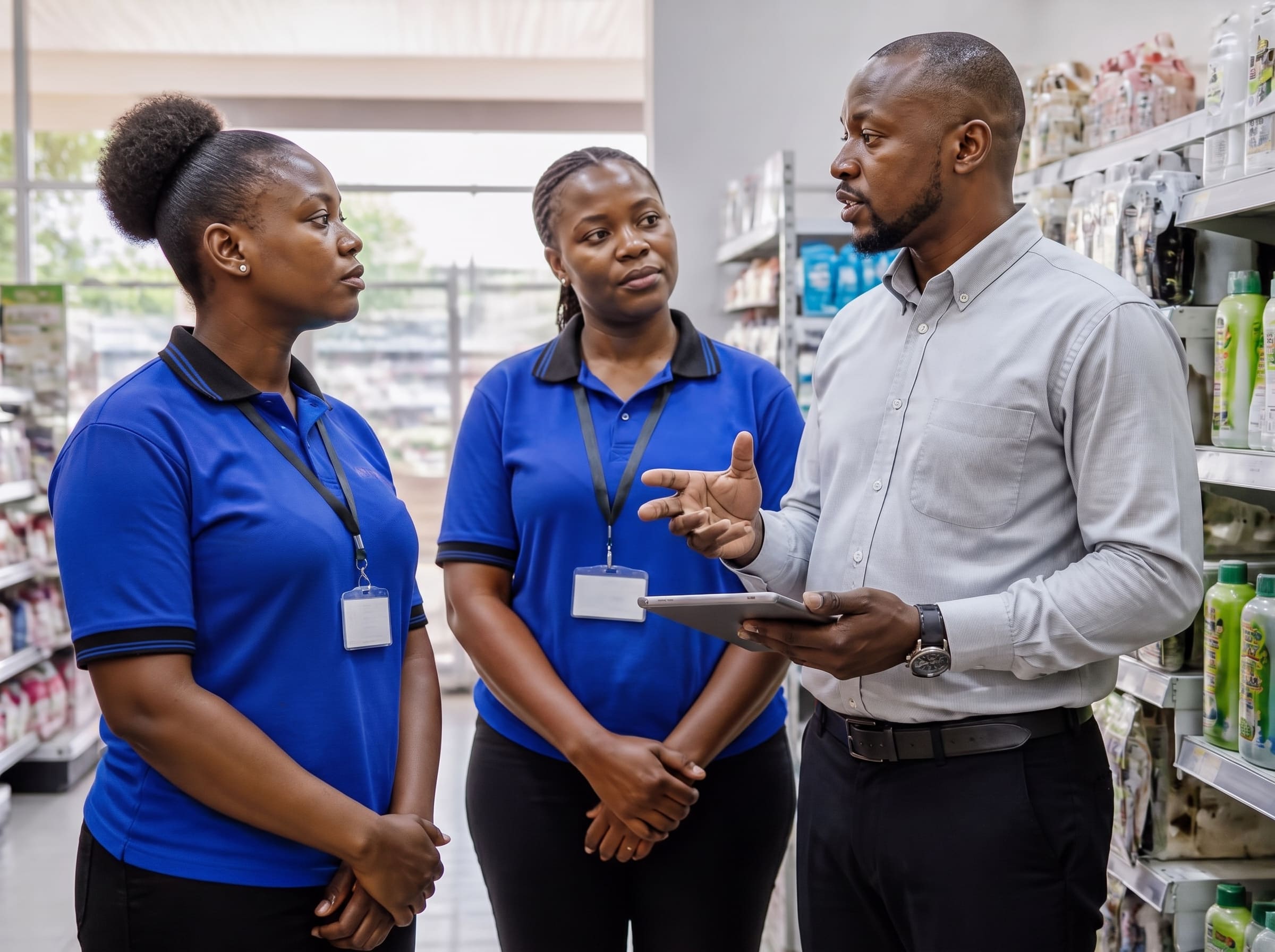Supervisor briefing two uniformed retail staff on the shop floor
