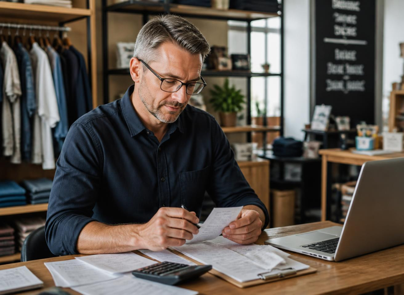Store owner reviewing receipts and a laptop in a back office