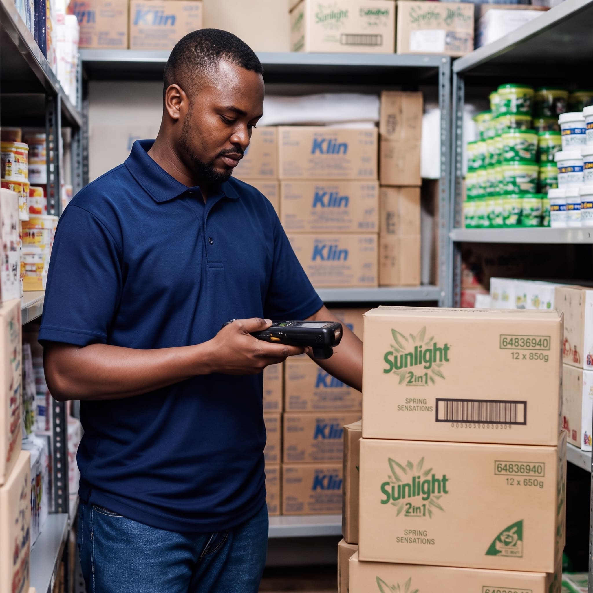 Staff scanning stock cartons with a handheld scanner